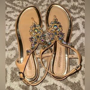 ANTONIO MELANI Nude Jeweled T-Strap Sandals